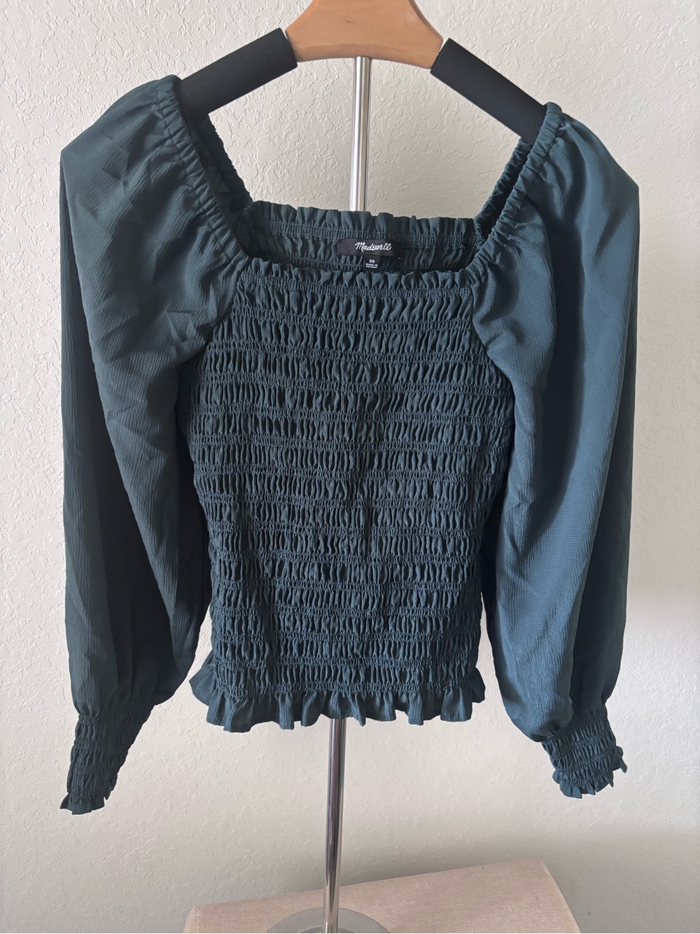 Madewell Lucie Bubble Sleeve Smocked Top XS Dark Palm Green Square Neck